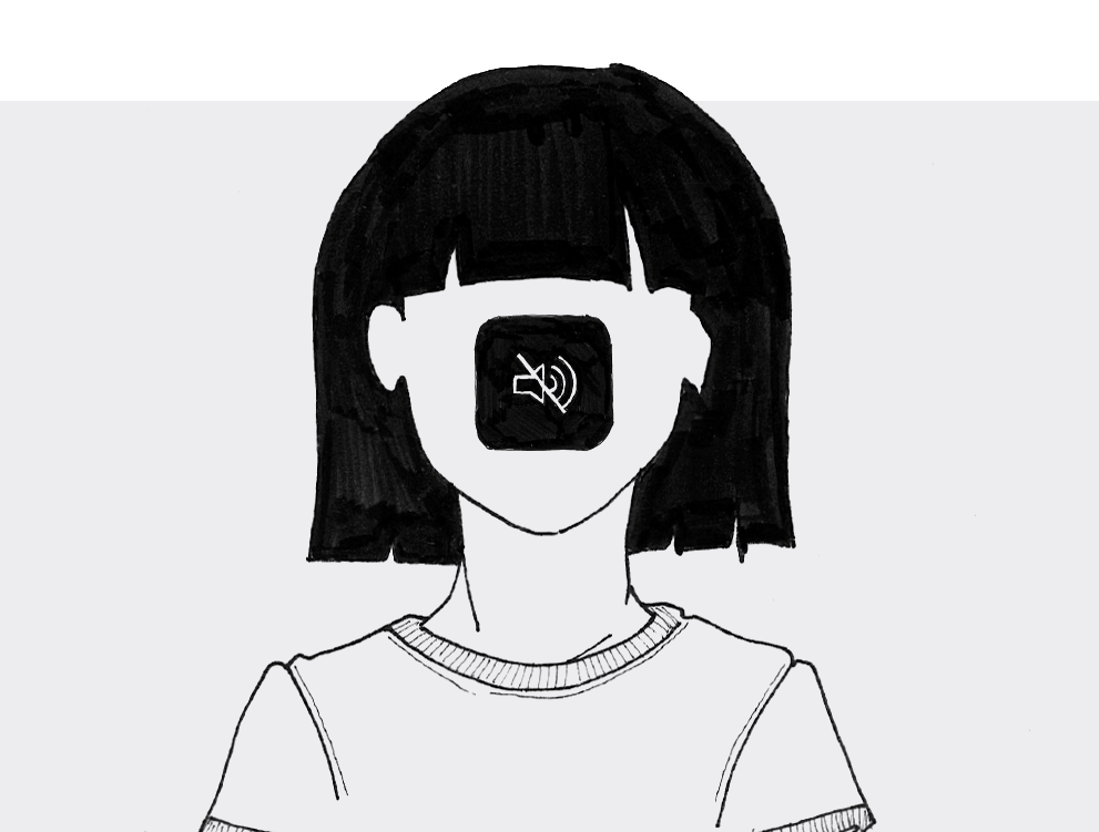 Illustration of a faceless girl with a mute button over her face.