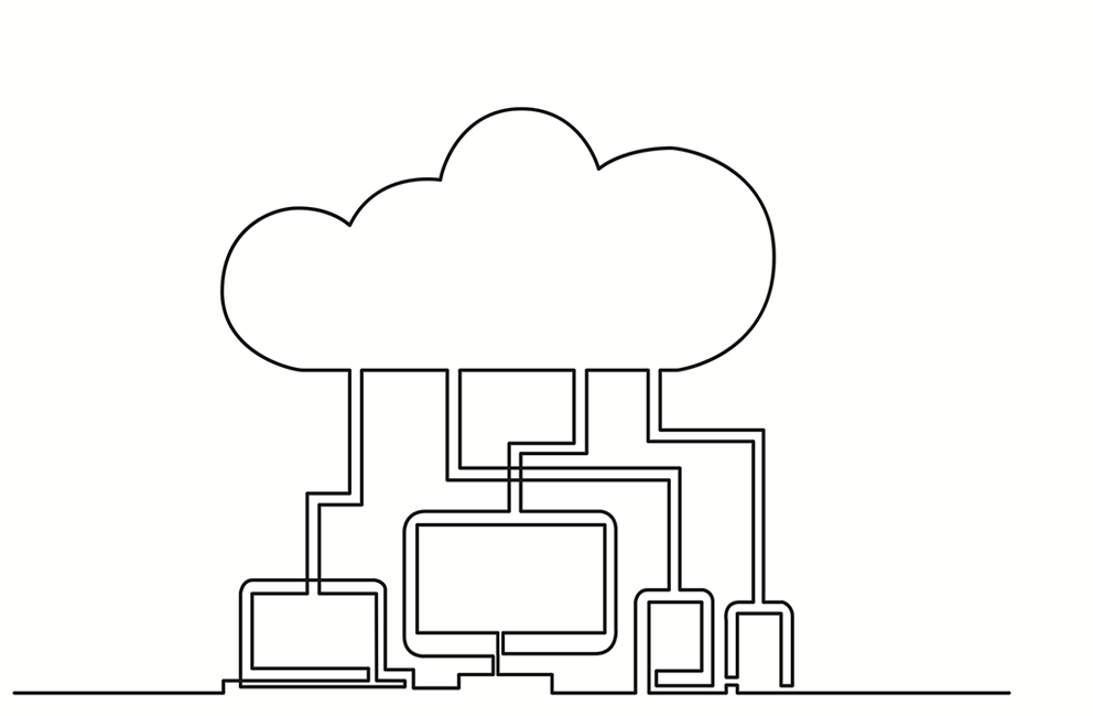 Illustration depicting computers and mobile devices connecting to the cloud.