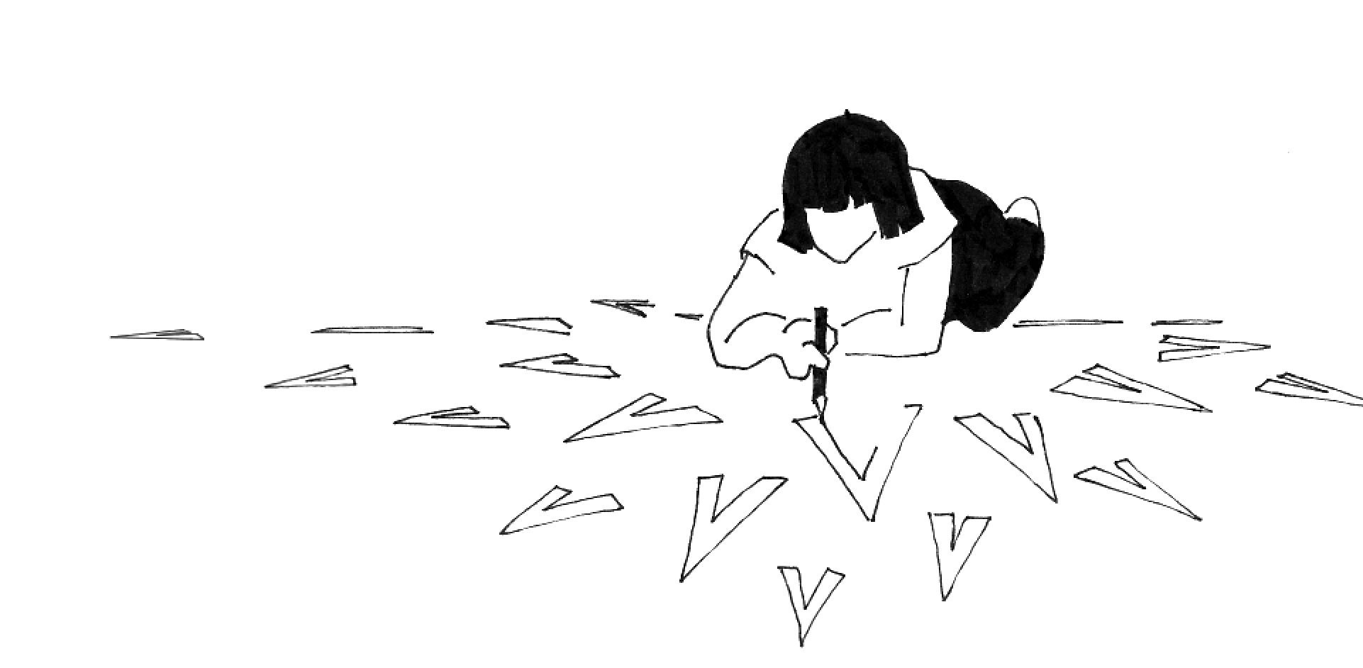 Illustration of a child laying on the floor drawing with a pencil.