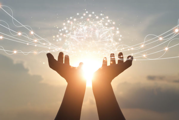 Abstract palm hands holding global network connections, innovative technology in science and communication concept.