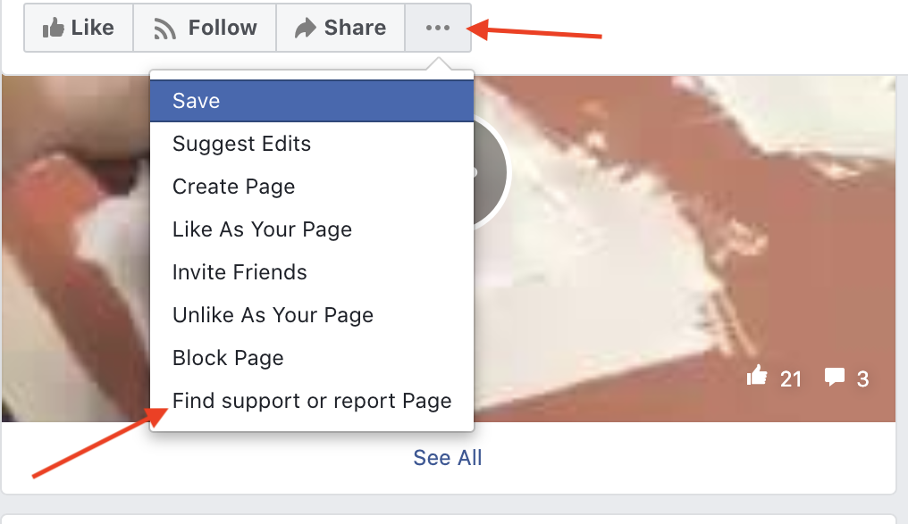 Annotated image showing how to report content to Facebook.