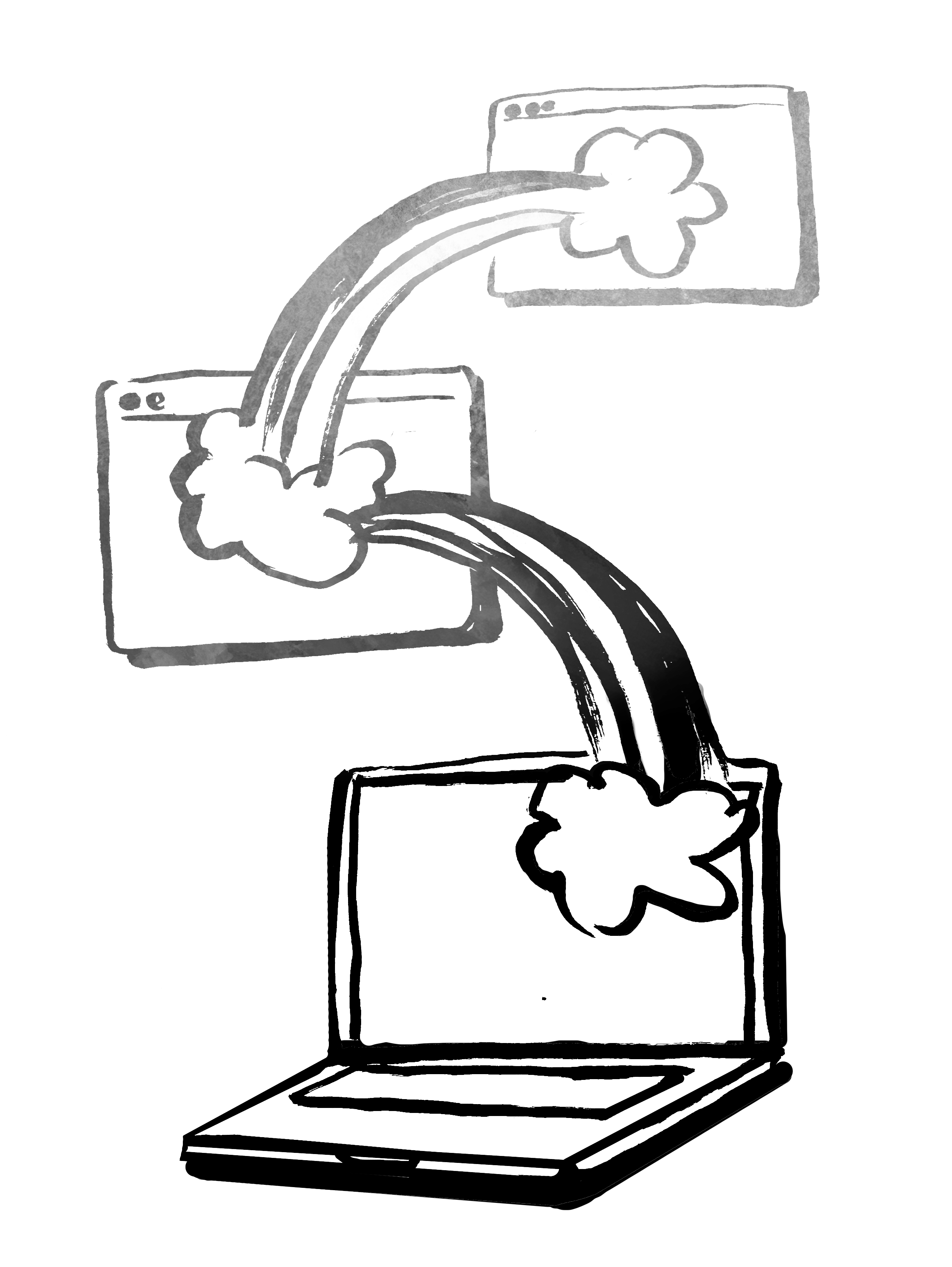 Illustrations of three computers connected via clouds.