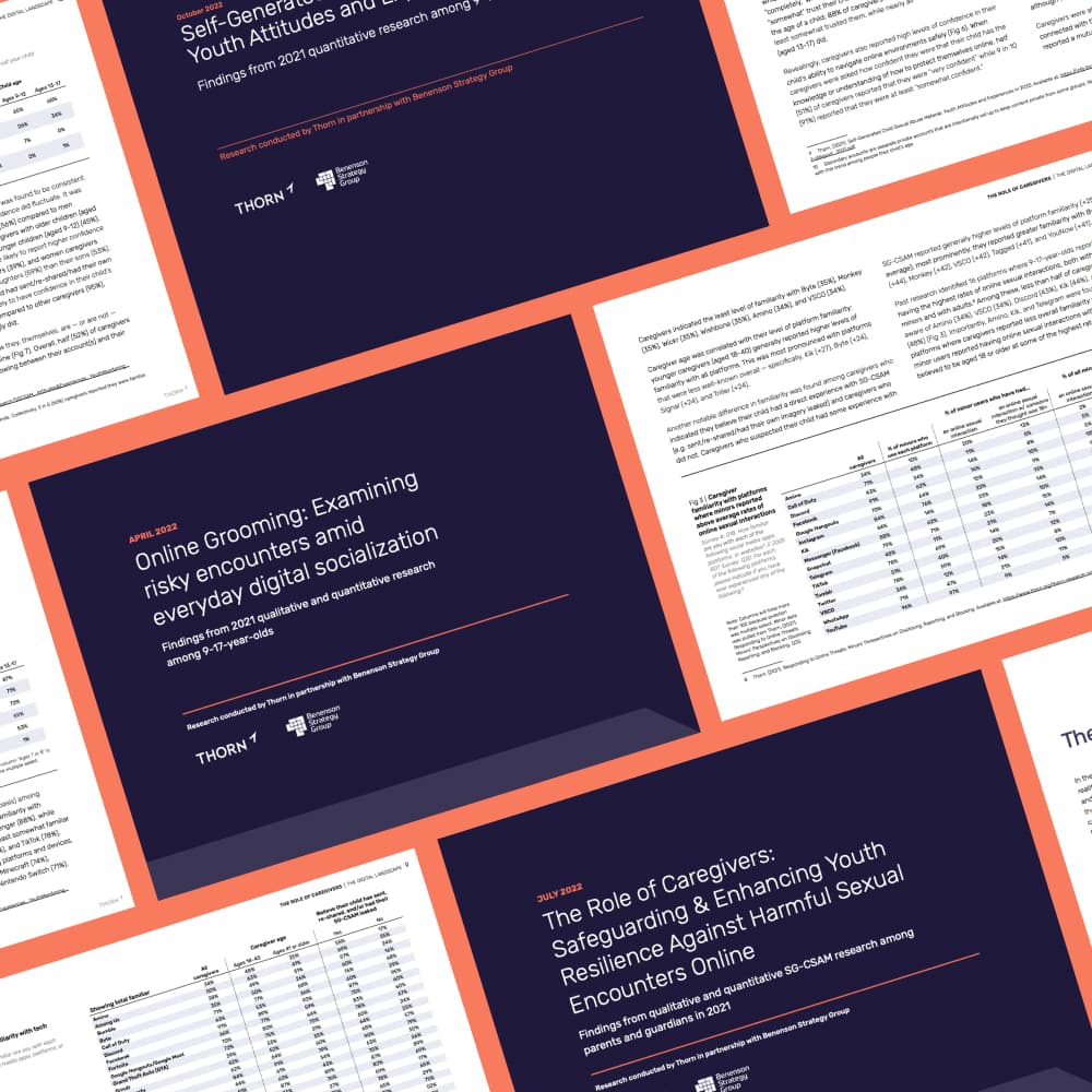 A collage of pages and moments pulled from various Thorn research documents.
