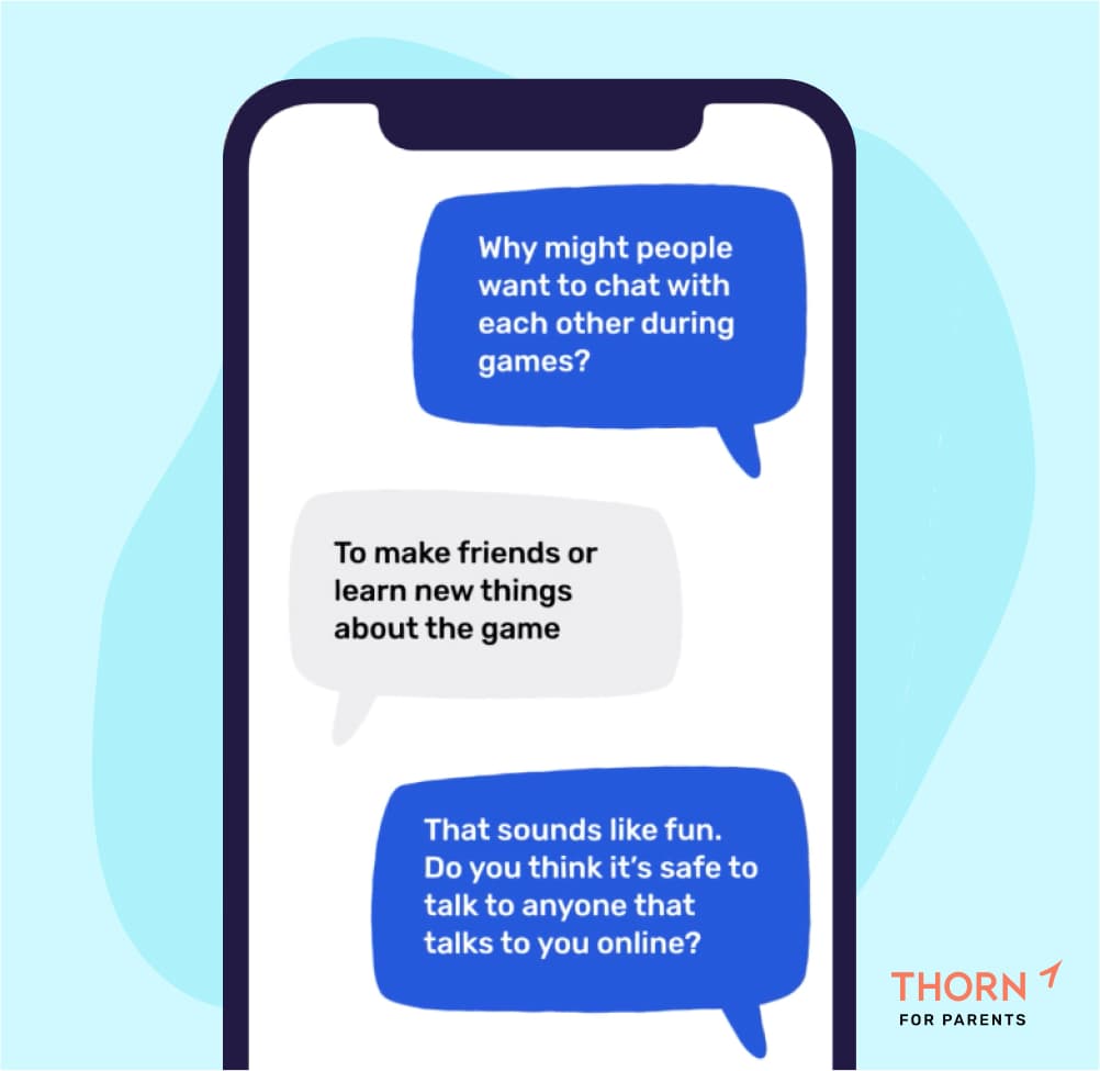 A parent discusses online safety with their child via text message.