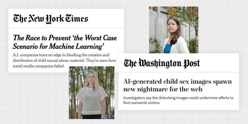 Deux titres de journaux du New York Times et du Washington Post, dans lesquels l'expertise de Thorn dans le secteur est mise en avant.