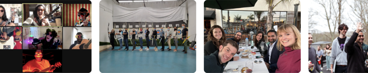A grid of four images shows the engaging employee culture at Thorn. Concerts on Zoom, archery classes, team dinners, and company retreats are just a few ways the team adds levity and joy to the hard work they do each day.
