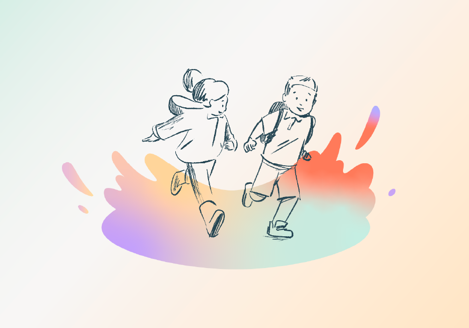 Two children happily running side by side, with big smiles on their faces.